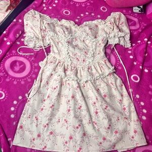 Fierce Pink White Lace Trim Babydoll Milkmaid Dress Ruffled Size Medium Floral